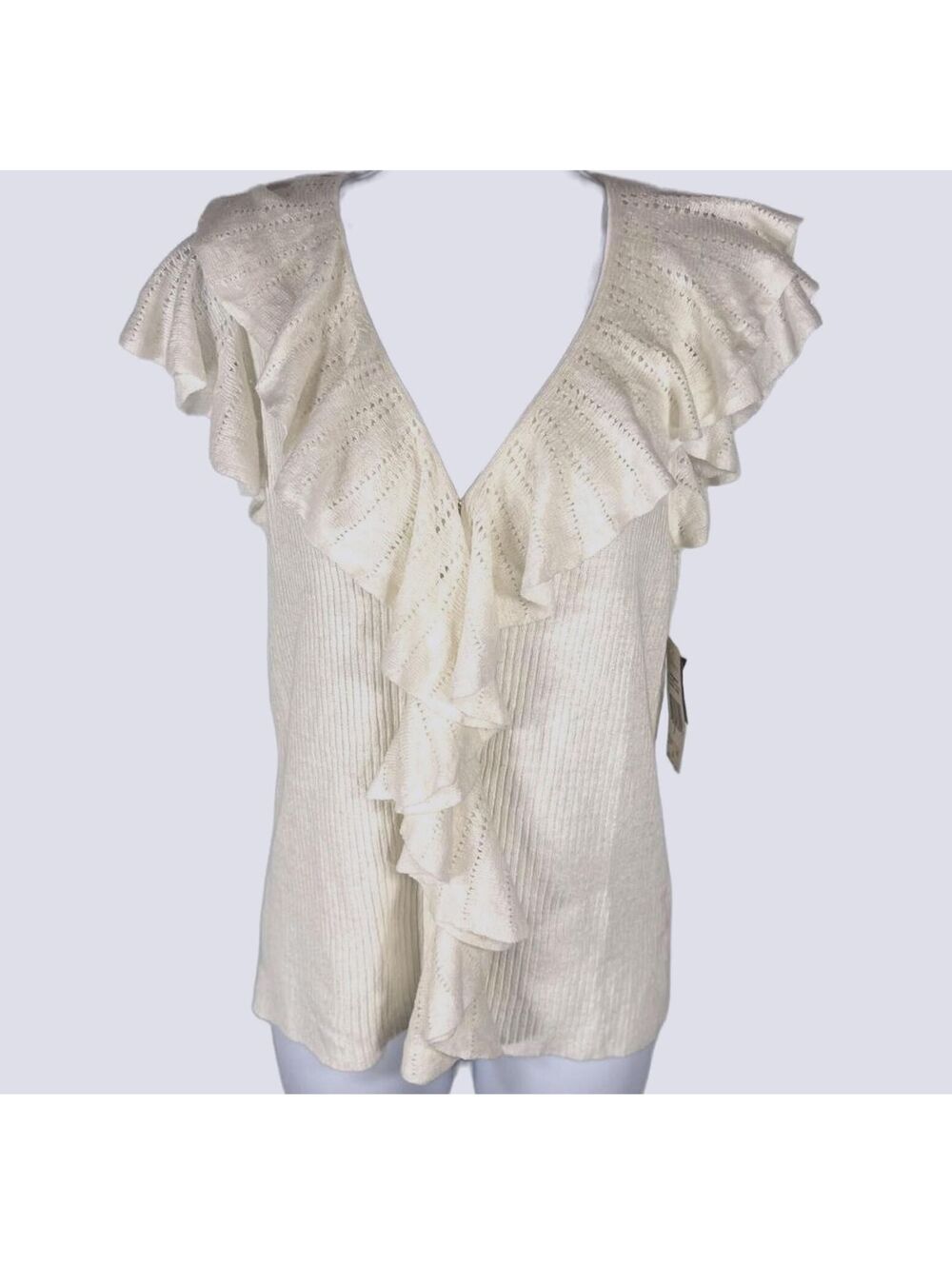 NWT Lauren Ralph Lauren 100% Linen Ruffle Knit Top White Coastal Old Money Med